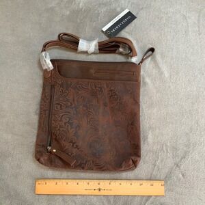Oak Leathers Brown Embossed Floral Leather Crossbody Bag Messenger Purse NWT